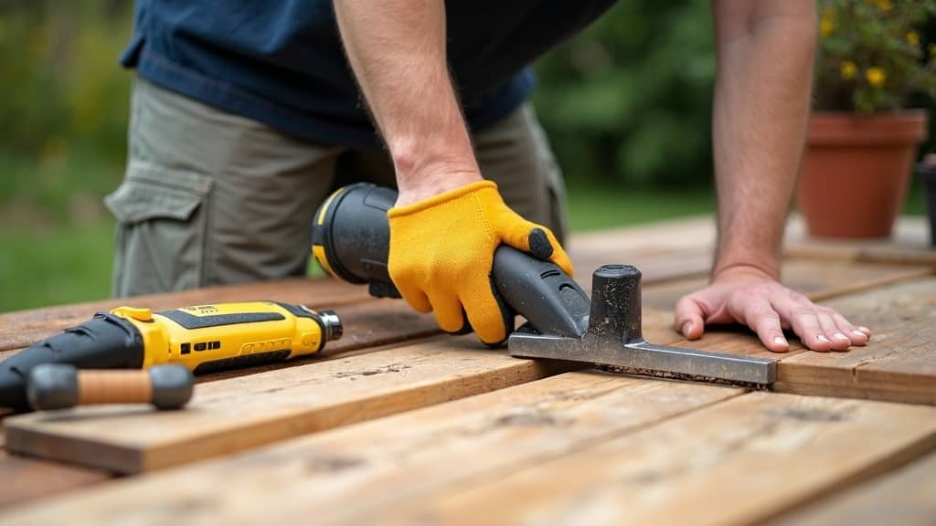 Klusser werkt aan een houten terras in de tuin